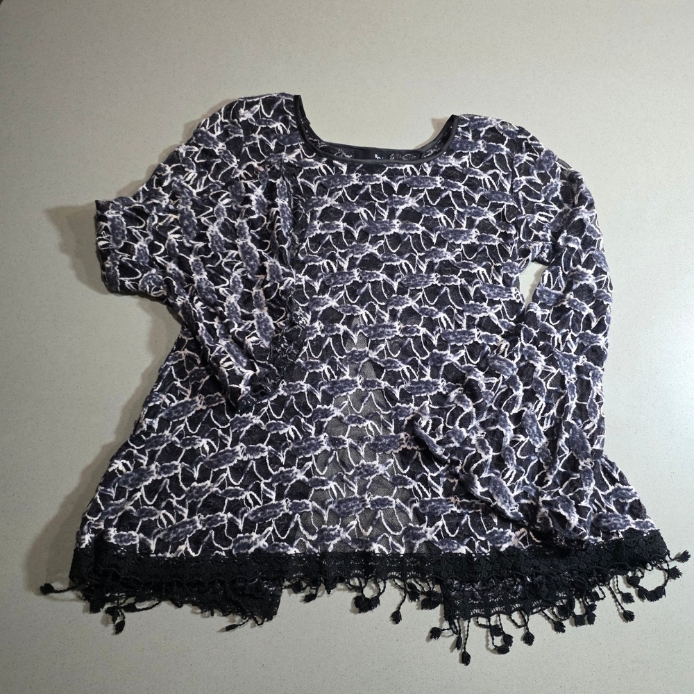 Ryu Black White Sheer Lace Bell Sleeve Tassel Tunic Top RT5626-F13 Large